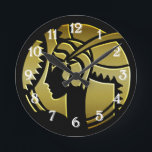 Elegant Art Deco Lady in Gold Vintage Round Clock<br><div class="desc">A very chic clock, this design depicts an elegant and stylish Art Deco lady in gold. She displays a very glamourous profile, and is wearing the typical vintage costume of a 1920's flapper from the Gatsby era complete with a cloche hat which was popular among the modern young flappers of...</div>