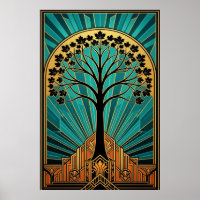 Elegant Art Deco Maple Tree Silhouette Gold Teal