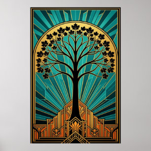 Elegant Art Deco Maple Tree Silhouette Gold Teal Poster