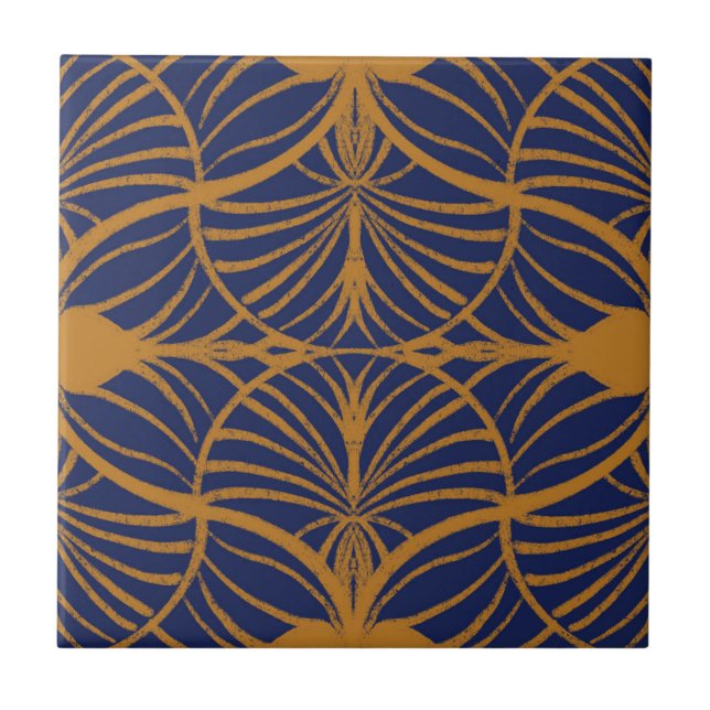 Elegant Art Deco Mustard & Cobalt Blue Scallops Tile (Front)