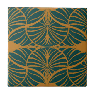 Elegant Art Deco Mustard & Teal Gouache Scallops Tile