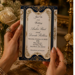 Elegant Art Deco Navy & Gold Wedding Invitation