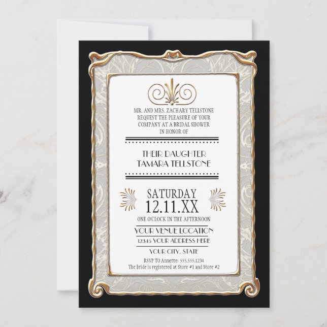 Elegant Art Deco Nouveau Gatsby Gold Lace Wedding Invitation (Front)