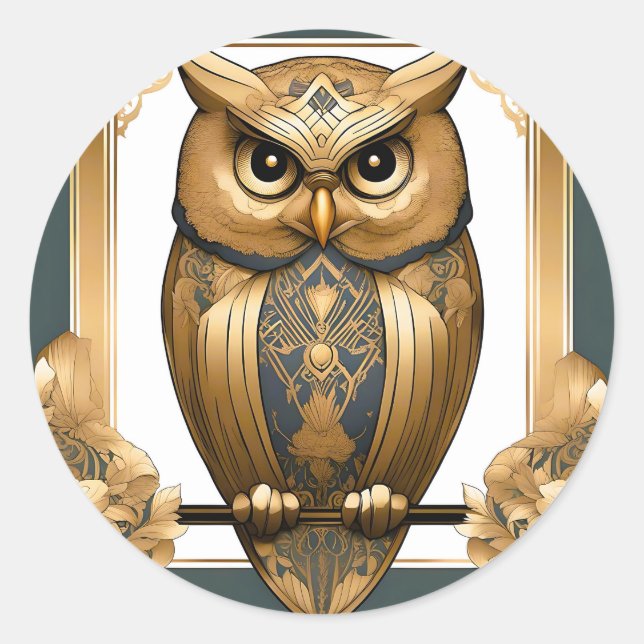 Elegant Art Deco Owl Classic Round Sticker (Front)