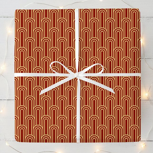 Elegant Art Deco Pattern Arches Red Gold Chic Wrapping Paper (Creator Uploaded)