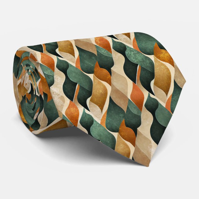 Elegant Art Deco Pattern in Deep Green and Gold Tie (Rolled)
