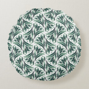 Elegant Art Deco Pattern with Green Foliage Round Cushion