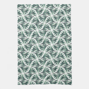 Elegant Art Deco Pattern with Green Foliage Tea Towel