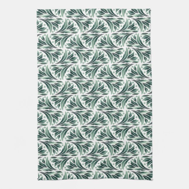 Elegant Art Deco Pattern with Green Foliage Tea Towel (Vertical)