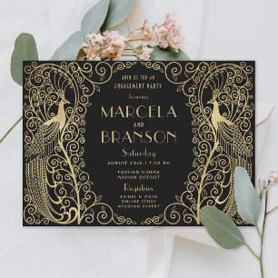 Elegant Art Deco Peacocks Gold Engagement Party Invitation