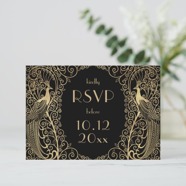 Elegant Art Deco Peacocks Gold RSVP Invitation (Standing Front)