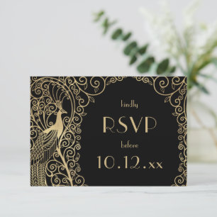 Elegant Art Deco Peacocks Gold RSVP Invitation