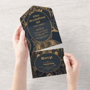 Elegant Art Deco Peacocks Wedding All In One Invitation