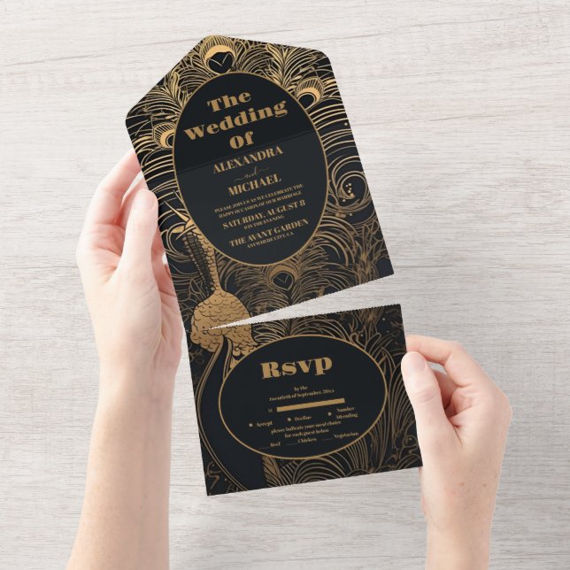 Elegant Art Deco Peacocks Wedding All In One Invitation (Tearaway)