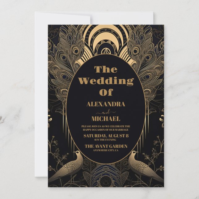 Elegant Art Deco Peacocks Wedding Invitation (Front)