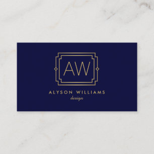 Elegant Art Deco Professional Monogram Navy/Gold Business Card