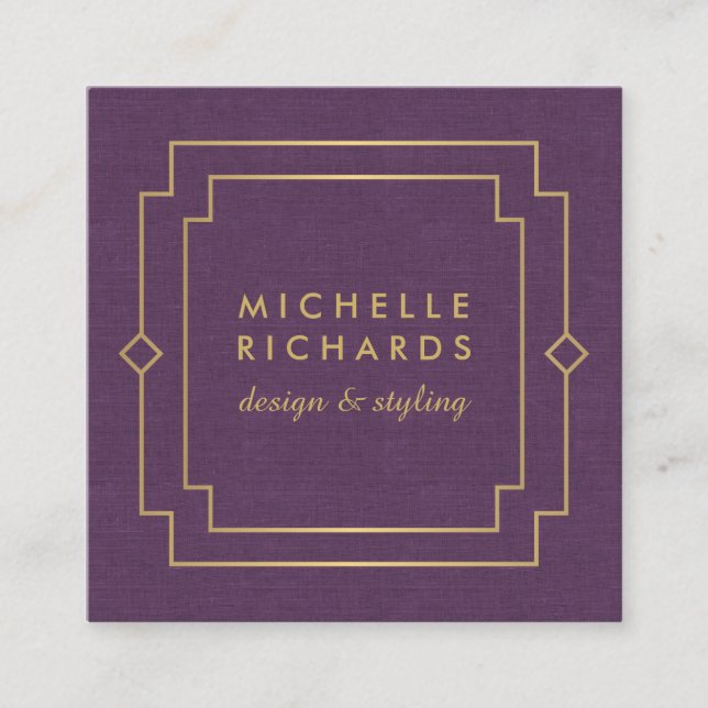 Elegant Art Deco Professional Purple Linen/Gold Square Business Card (Front)