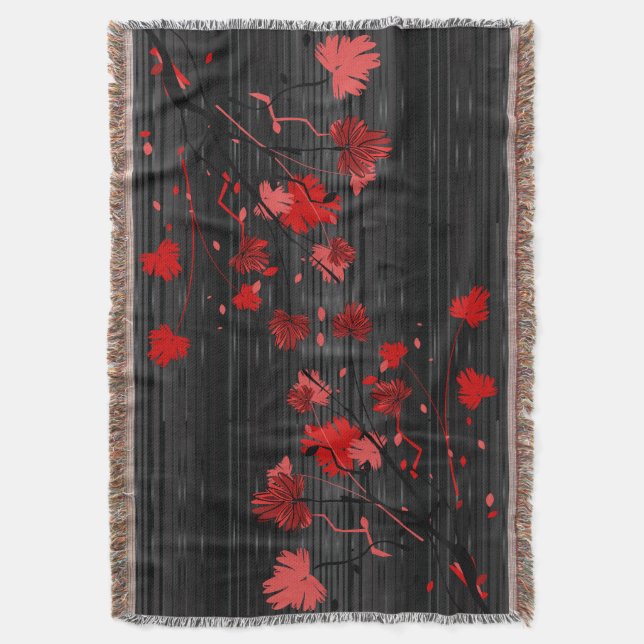 Elegant Art Deco Red Floral with Black Stripes Throw Blanket (Front Vertical)