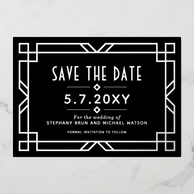 Elegant Art Deco Save the Date Black Silver Card (Front)