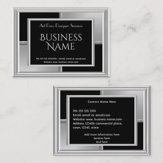 Elegant Art Deco Silver Black Geometrical Metal Business Card (Front/Back)