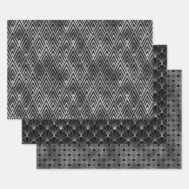 Elegant Art Deco Silver Patterns Wrapping Paper Sheet (Set)