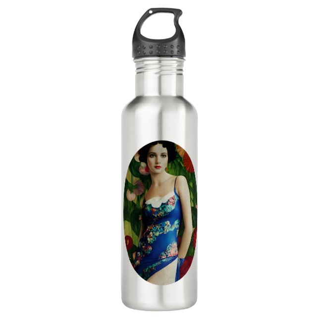 Elegant Art Deco Style Woman wth Large Flowers Art 710 Ml Water Bottle (Front)