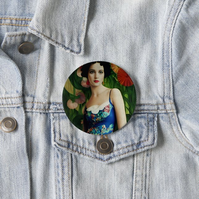 Elegant Art Deco Style Woman wth Large Flowers Art 7.5 Cm Round Badge (In Situ)