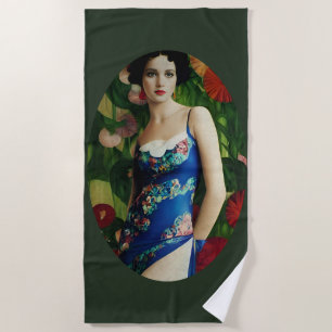 Elegant Art Deco Style Woman wth Large Flowers Art Beach Towel