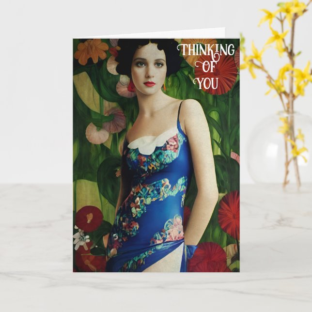 Elegant Art Deco Style Woman wth Large Flowers Art Card (Yellow Flower)