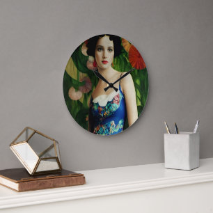 Elegant Art Deco Style Woman wth Large Flowers Art Clock