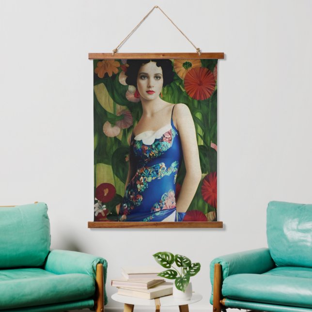 Elegant Art Deco Style Woman wth Large Flowers Art Hanging Tapestry (Living Room)