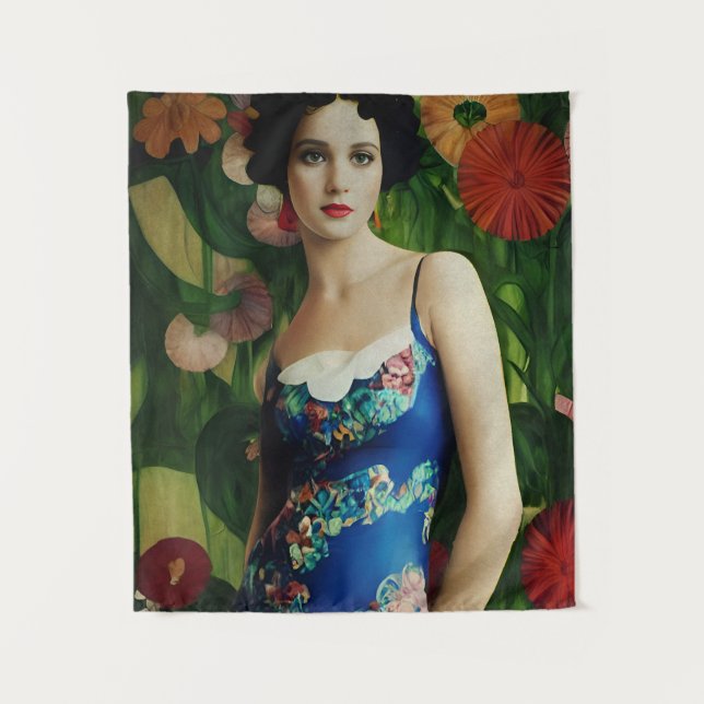 Elegant Art Deco Style Woman wth Large Flowers Art Tapestry (Front)