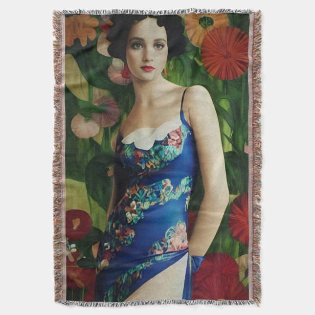 Elegant Art Deco Style Woman wth Large Flowers Art Throw Blanket (Front Vertical)