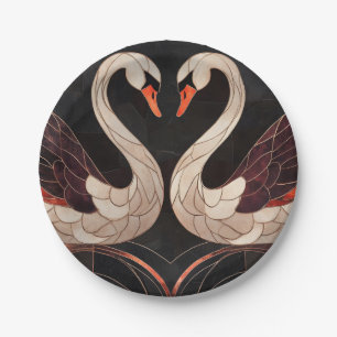 Elegant Art Deco Swans Forming a Heart Paper Plate