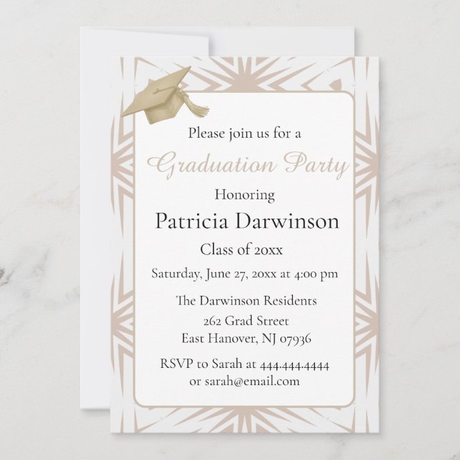 Elegant Art Deco Tan and White Graduation Party  Invitation (Front)