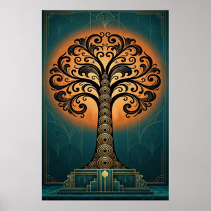 Elegant Art Deco Tree Silhouette Gold & Teal Poste Poster