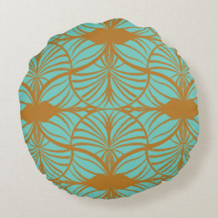 Elegant Art Deco Turquoise & Gold Gouache Scallops Round Cushion