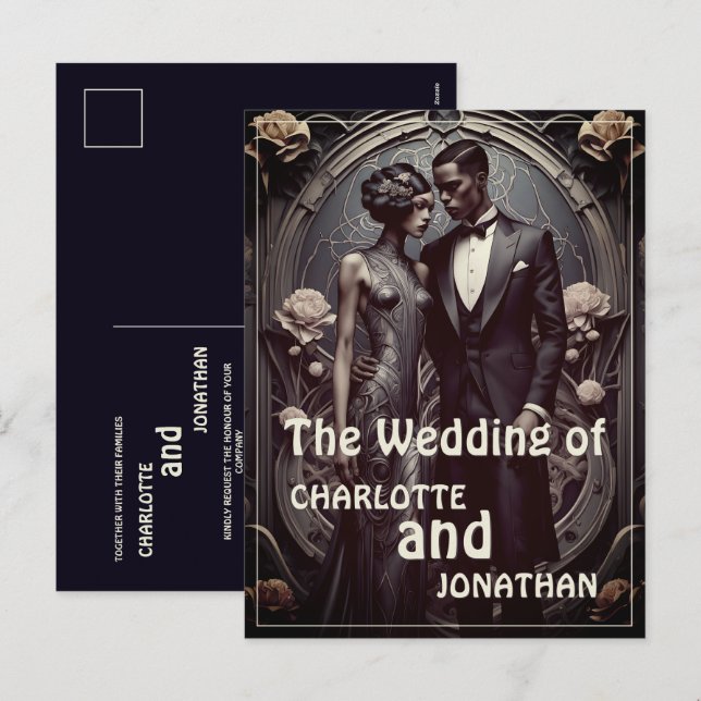 Elegant Art Deco Wedding Couple - Invitation (Front/Back)