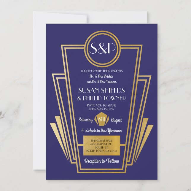 Elegant Art Deco Wedding Invitations Navy Gold (Front)