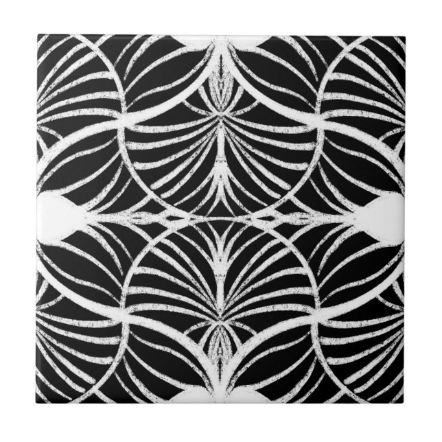 Elegant Art Deco White & Black Gouache Scallops Tile (Front)