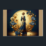 Elegant Art Deco Woman Gold and Blue Acrylic Print<br><div class="desc">This stunning art deco illustration captures the timeless elegance of a poised woman in a flowing navy-blue gown adorned with intricate gold floral embellishments. Framed by a luxurious golden arch with ornate decorative patterns and delicate blue and gold flowers, the composition exudes sophistication and vintage glamour. The harmonious blend of...</div>