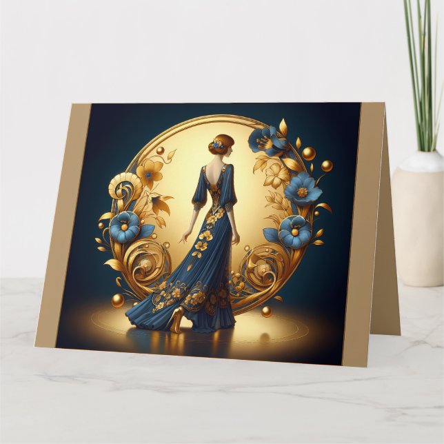 Elegant Art Deco Woman in Gold and Blue Card (Front)