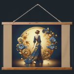 Elegant Art Deco Woman in Gold and Blue Hanging Tapestry<br><div class="desc">This stunning art deco illustration captures the timeless elegance of a poised woman in a flowing navy-blue gown adorned with intricate gold floral embellishments. Framed by a luxurious golden arch with ornate decorative patterns and delicate blue and gold flowers, the composition exudes sophistication and vintage glamour. The harmonious blend of...</div>
