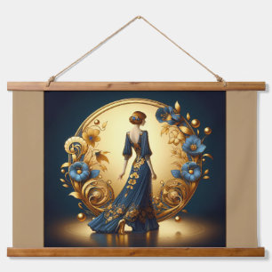 Elegant Art Deco Woman in Gold and Blue Hanging Tapestry