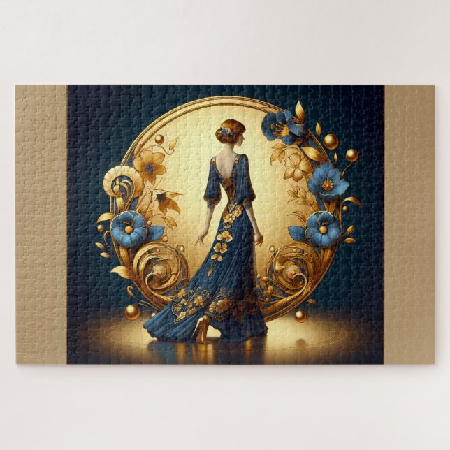 Elegant Art Deco Woman in Gold and Blue Jigsaw Puzzle (Horizontal)