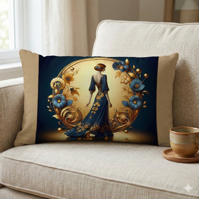 Elegant Art Deco Woman in Gold and Blue Lumbar Cushion (Elegant Art Deco Woman in Gold and Blue Lumbar Pillow Mockup A)