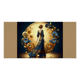 Elegant Art Deco Woman in Gold and Blue Metal Prin Poster