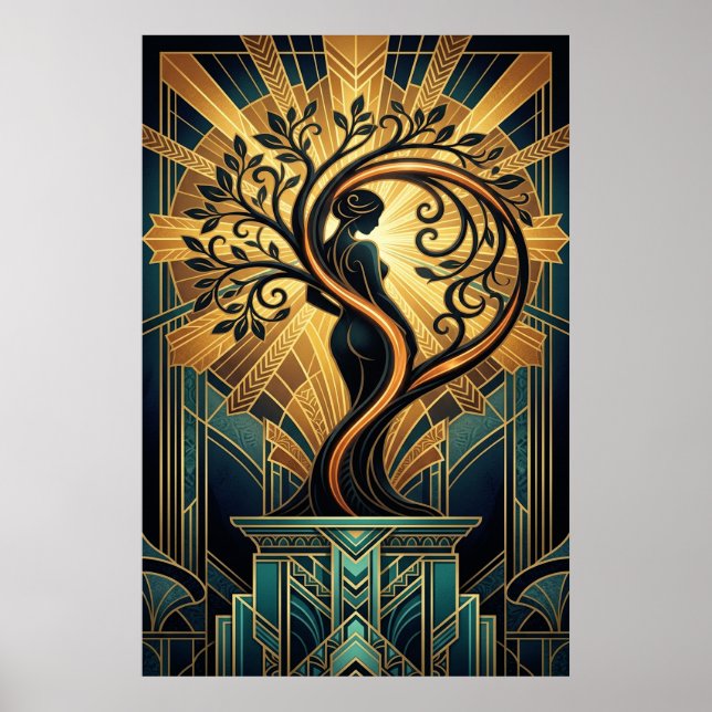 Elegant Art Deco Woman Tree Silhouette Black Gold  Poster (Front)
