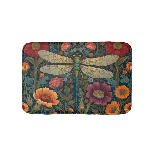 Elegant art nouveau Autumn floral Dragonfly Bath Mat (Front)
