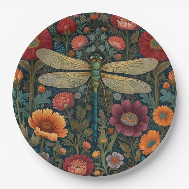 Elegant art nouveau Autumn floral Dragonfly Paper Plate (Front)